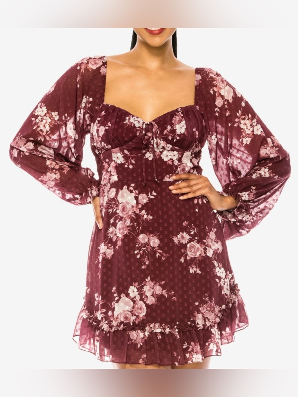 B Darlin Burgundy Floral Sweetheart Ruffled Mini Dress